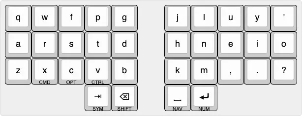 Base layer of Kahboard showing Colemak letters and thumb keys for tab, backspace, space, and enter